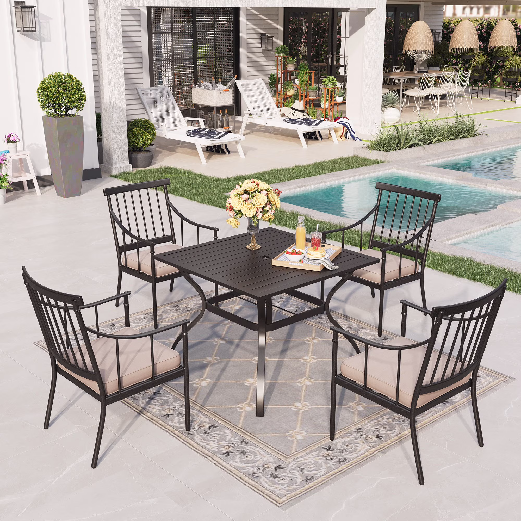 5-Piece Outdoor Patio Dining Set Metal Padded Chairs and Table Set(4 Seat-37" Square Table)