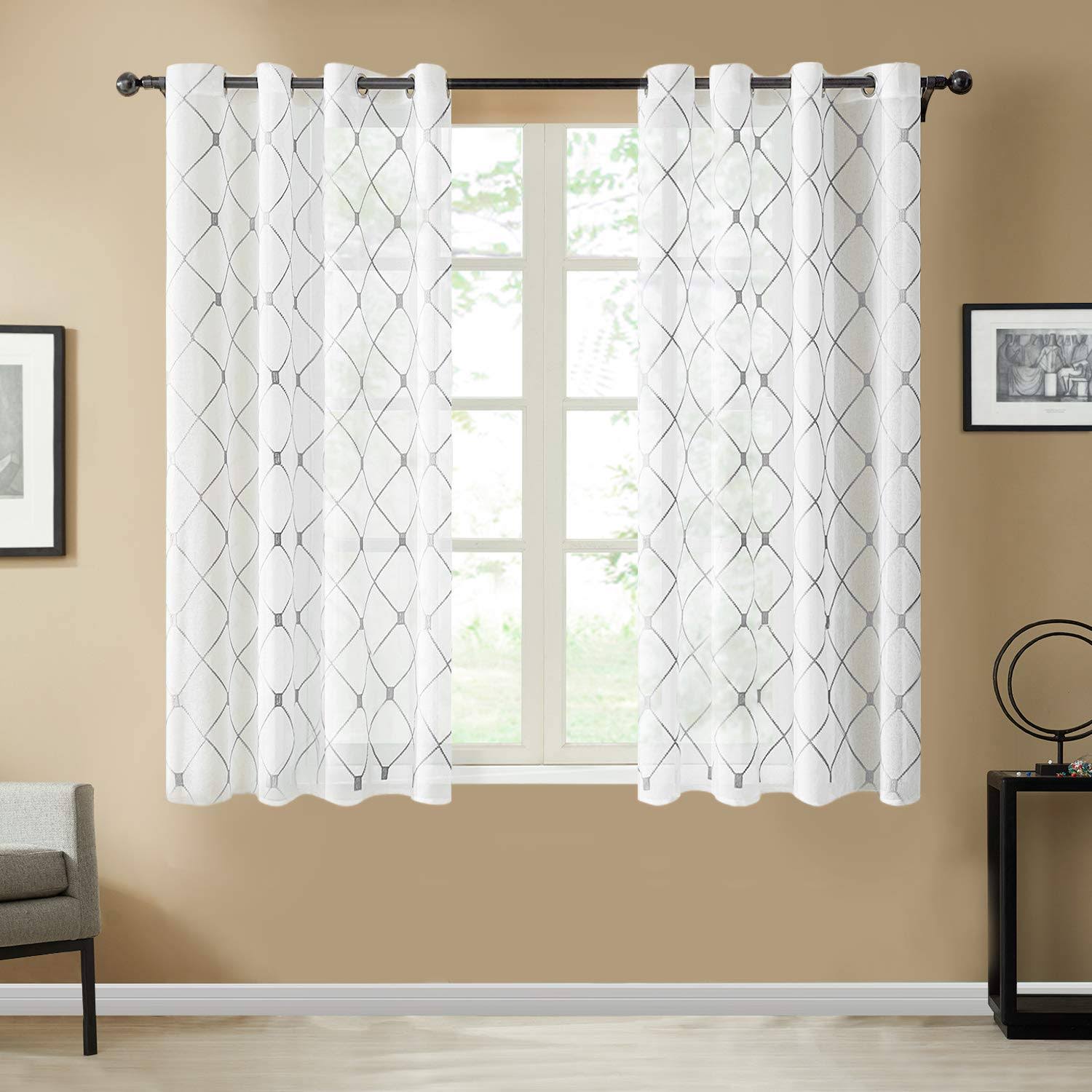 Top Finel Short Sheer Curtains 45 inch Length for Bathroom,Privacy White and Gray Embroidered Diamond Grommet Window Treatments Curtains for Living