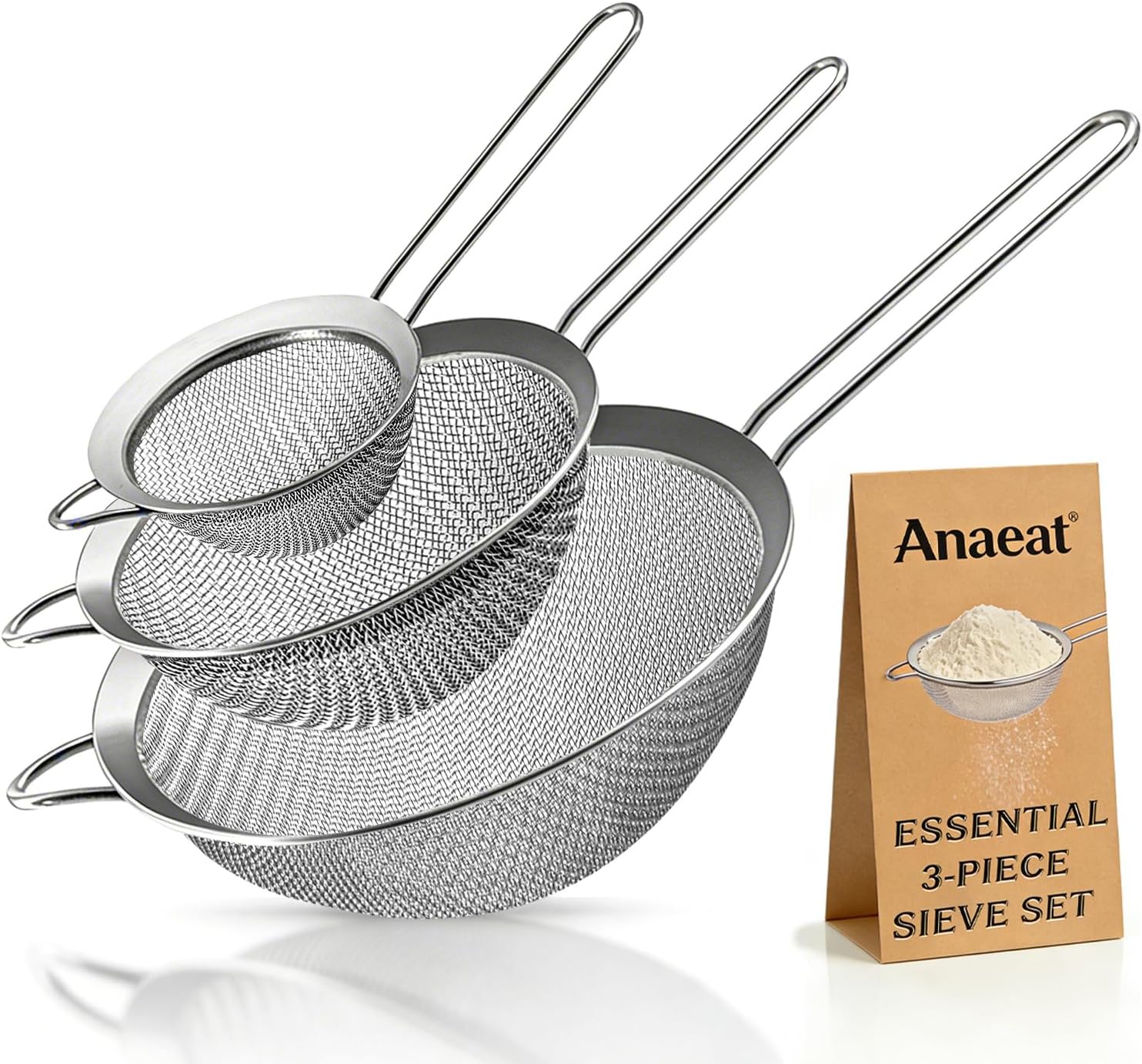 Anaeat Fine Mesh Strainers - Premium Stainless Steel Colander Sieve Sifters, with Durable Mesh and Sturdy Handle, Excellent for Sifting Dry Ingredients, Flour, Pastas, Rice, Tea (3.15