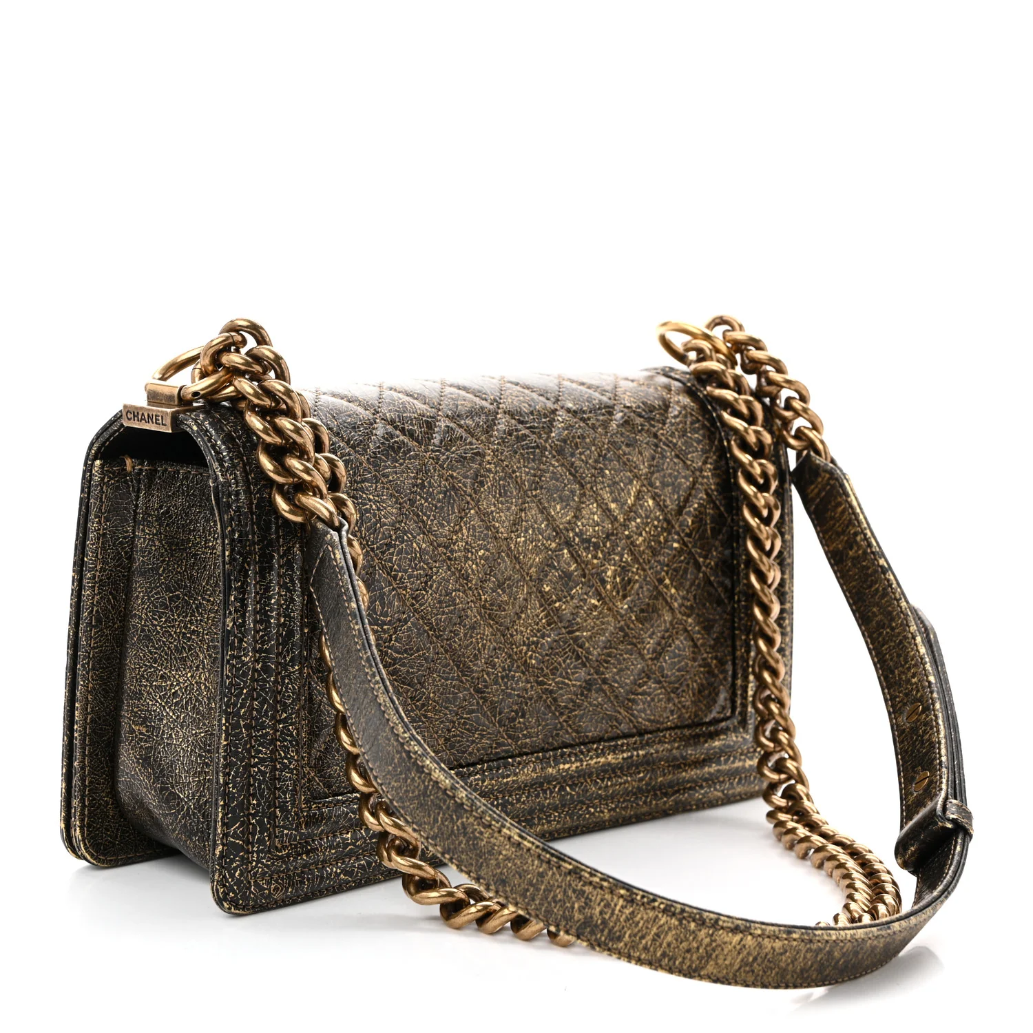 Cracked Metallic Calfskin Quilted Medium Boy Flap Gold