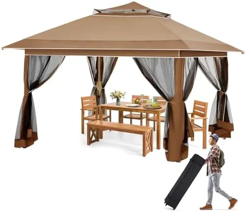 Pop Up Tent Canopy, Waterproof Canopy with Net and UV Resistant, Sidewalls Instant Shelter Canopy Tent with Carrying Roller Bag for Garden, Grill and Backyard (White)