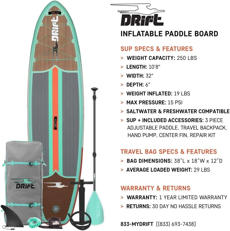 Drift Aero Inflatable Stand Up Paddle Board SUP Paddle Board Accessories, Including Pump, Paddle, and More Classic Woodgrain, Adult, 10'8" Image 4