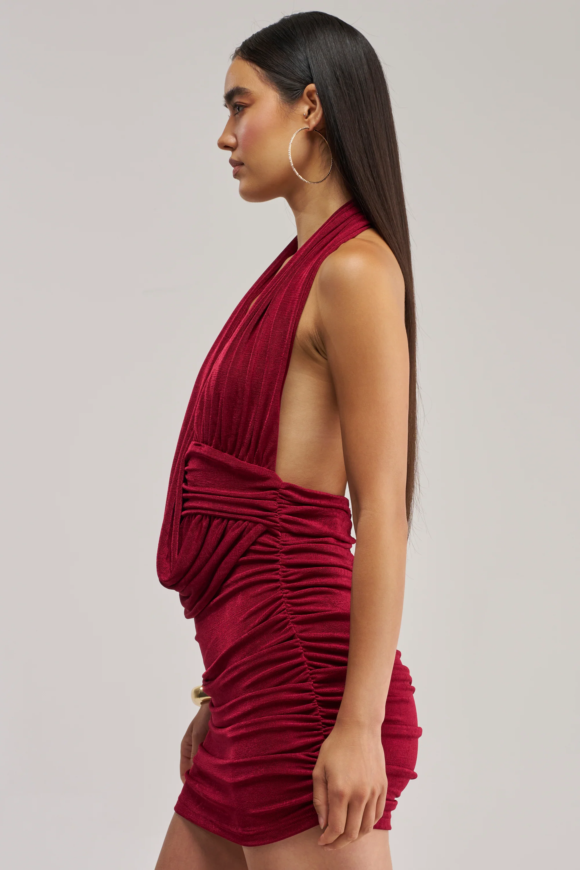 HAUTE HEAT SWOOPED MINI DRESS IN BURGUNDY - Akira Store