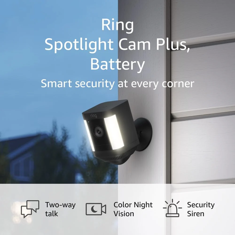 Ring Spotlight Cam Plus, Battery | Two-Way Talk, Color Night Vision, and Security Siren (2022 release) - White