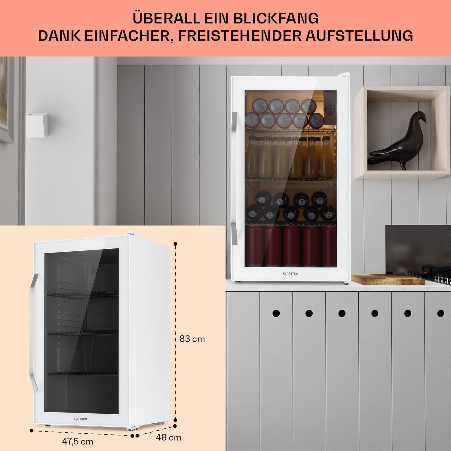 Klarstein Mini Koelkast met Glazen Deur voor Kamer, Drankenkoelkast met Verstelbare Planken, Klein 80 Liter, Indoor/Outdoor Koelkast Stil