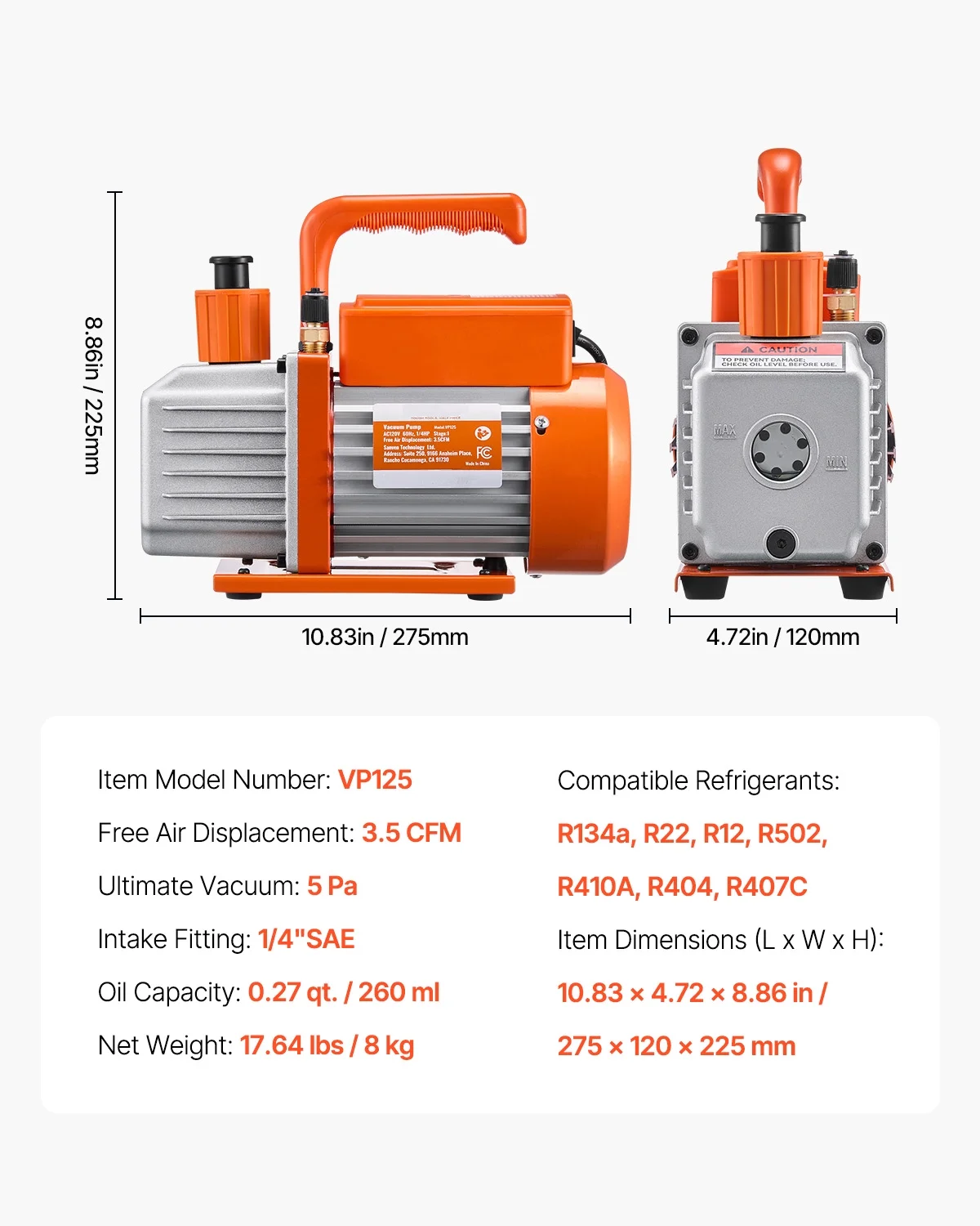 3.5 CFM AC Vacuum Pump and Gauge Set, Single Stage Rotary Vane HVAC Air Vacuum Pump, A/C Refrigerant Manifold Gauge Kit, with Hoses, for R134a, R12, R22, R502a, R410A, R404, R407C Refrigerants - Image 5