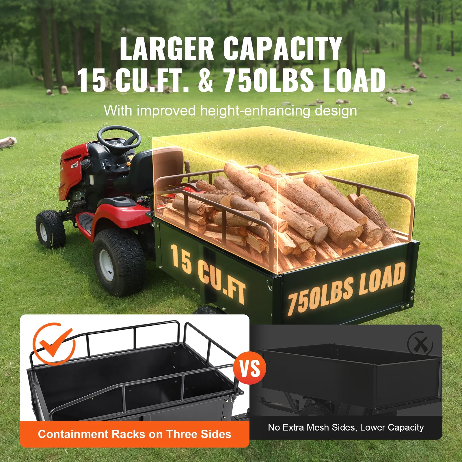 BENTISM Dump Trailer Tow Behind Dump Cart, 750 lb 15 Cu. Ft, Steel Construction Garden Utility Trailer with Removable Sides