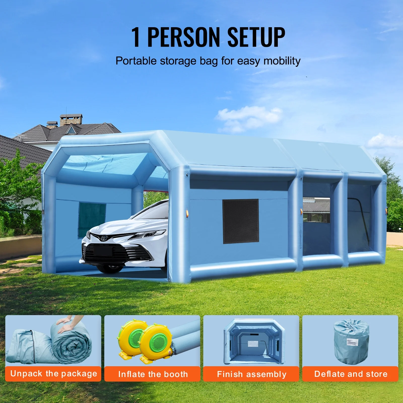 Inflatable Spray Shelter, 27.9x15.7x10.8 ft, Includes 950W+750W Blowers, Air Filtration, Ideal for Small Trucks, Large Motorcycles, Midsize Vehicles - Image 3