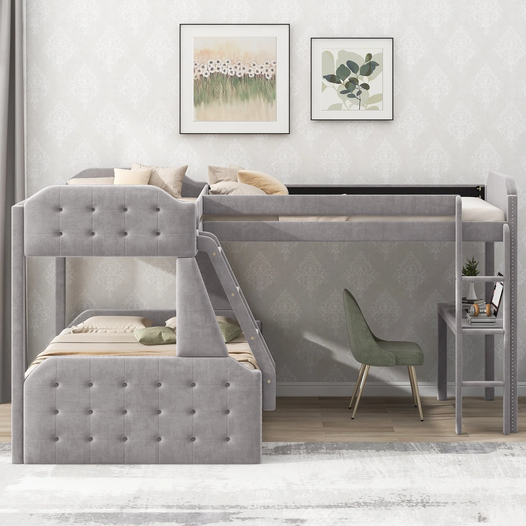 EUROCO Upholstery L - Shaped Twin Over Full Bunk Bed and Twin Loft Bed with Desk for Kids Bedroom, Gray