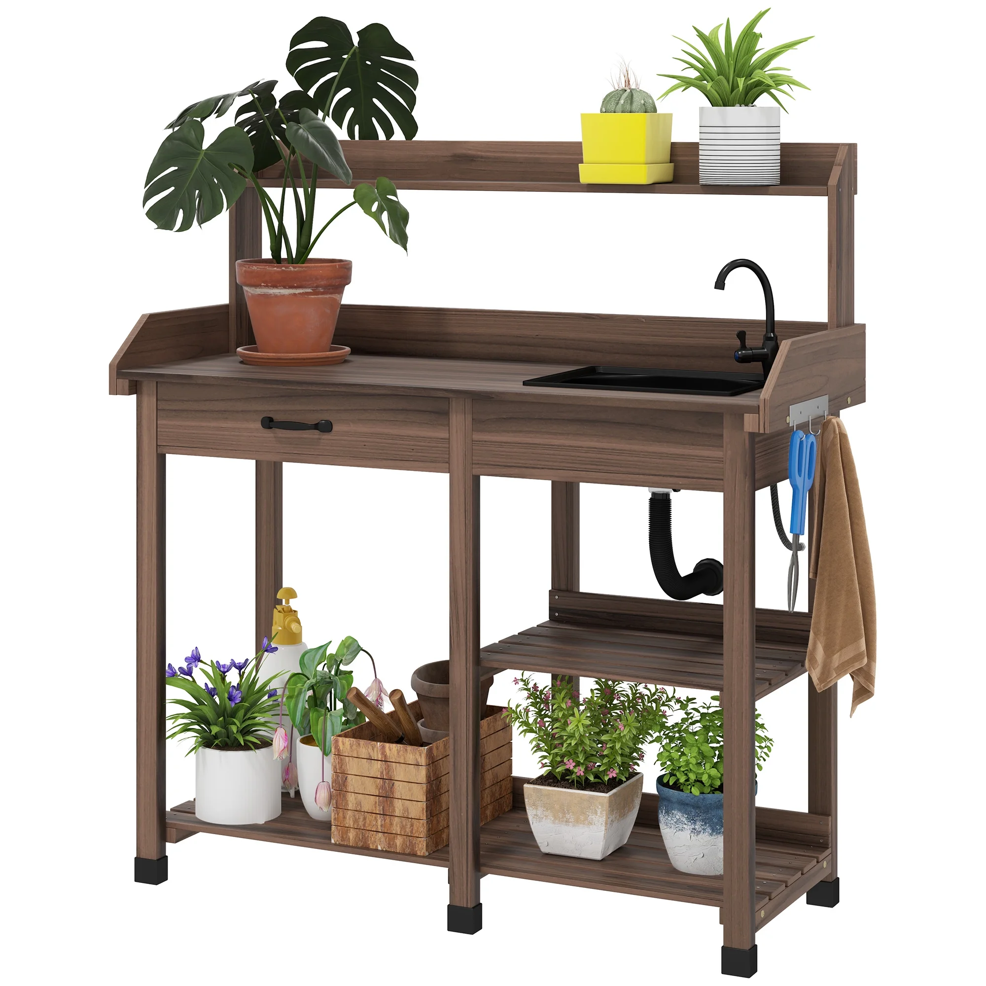 Outsunny Potting Bench Table, Includes Removable Outdoor Sink Station with Hose Hook up, Wooden Work Station with Faucet, Drawer, Shelves, Dark Brown