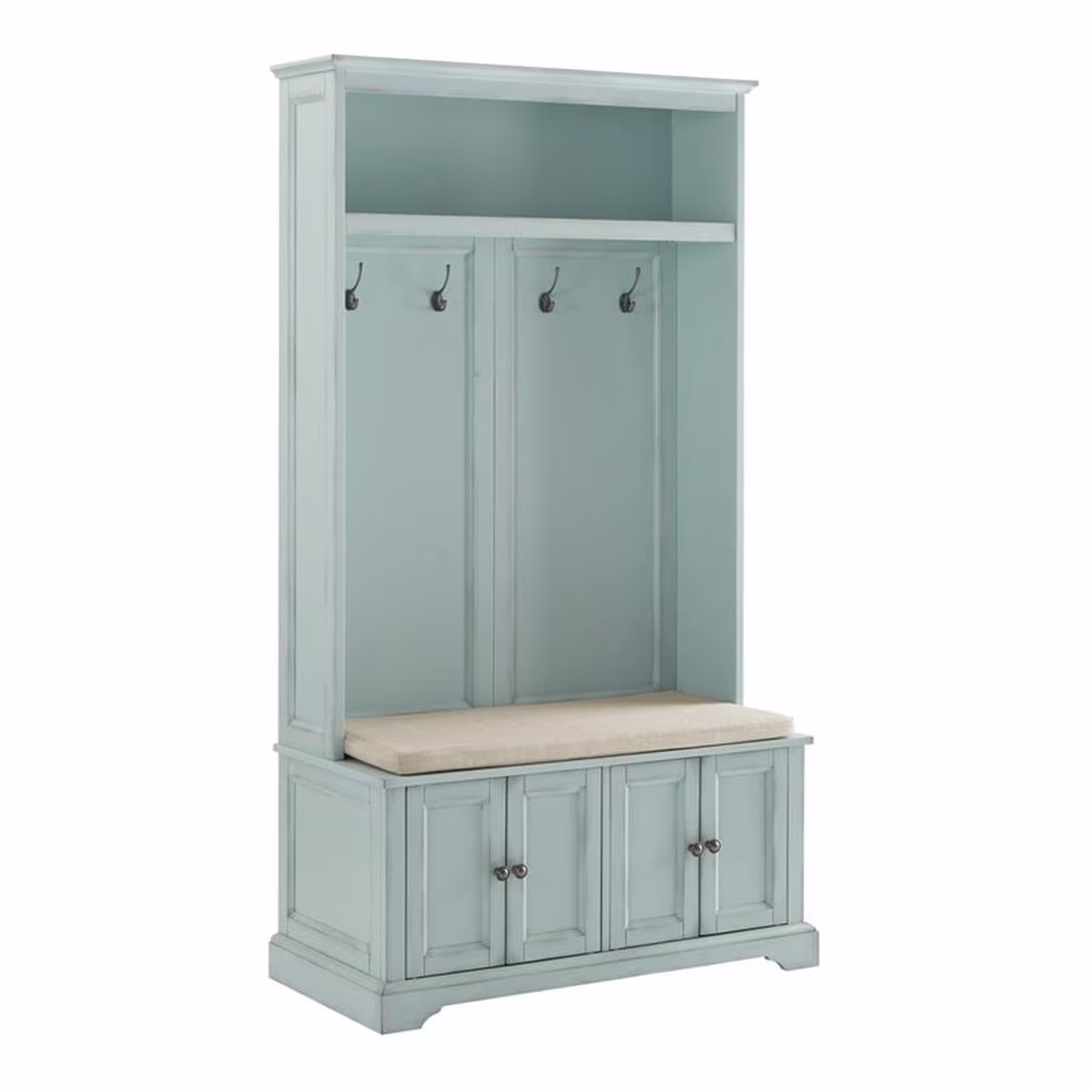 Traditional Wood Hall Tree in Seafoam Blue/Oatmeal(Blue-Oatmeal)