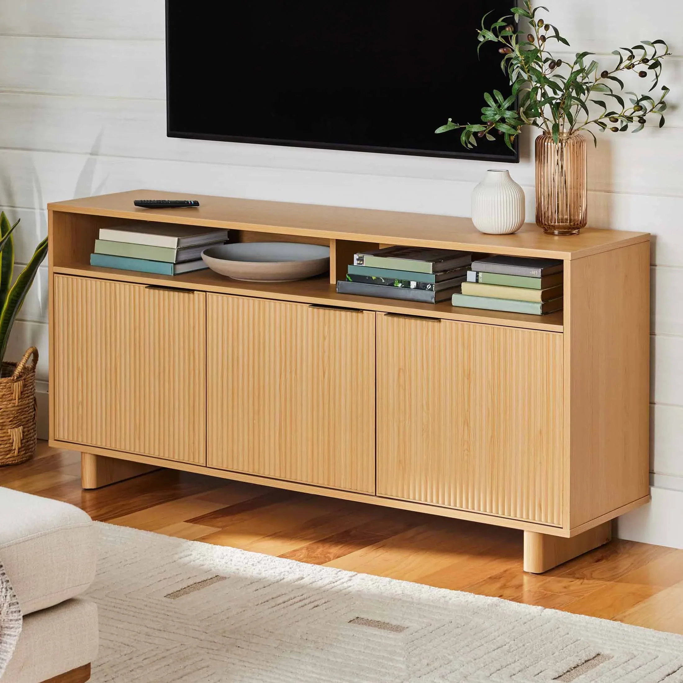 Better Homes & Gardens Lillian Fluted TV Stand for TVs up to 70, Natural Pine Finish