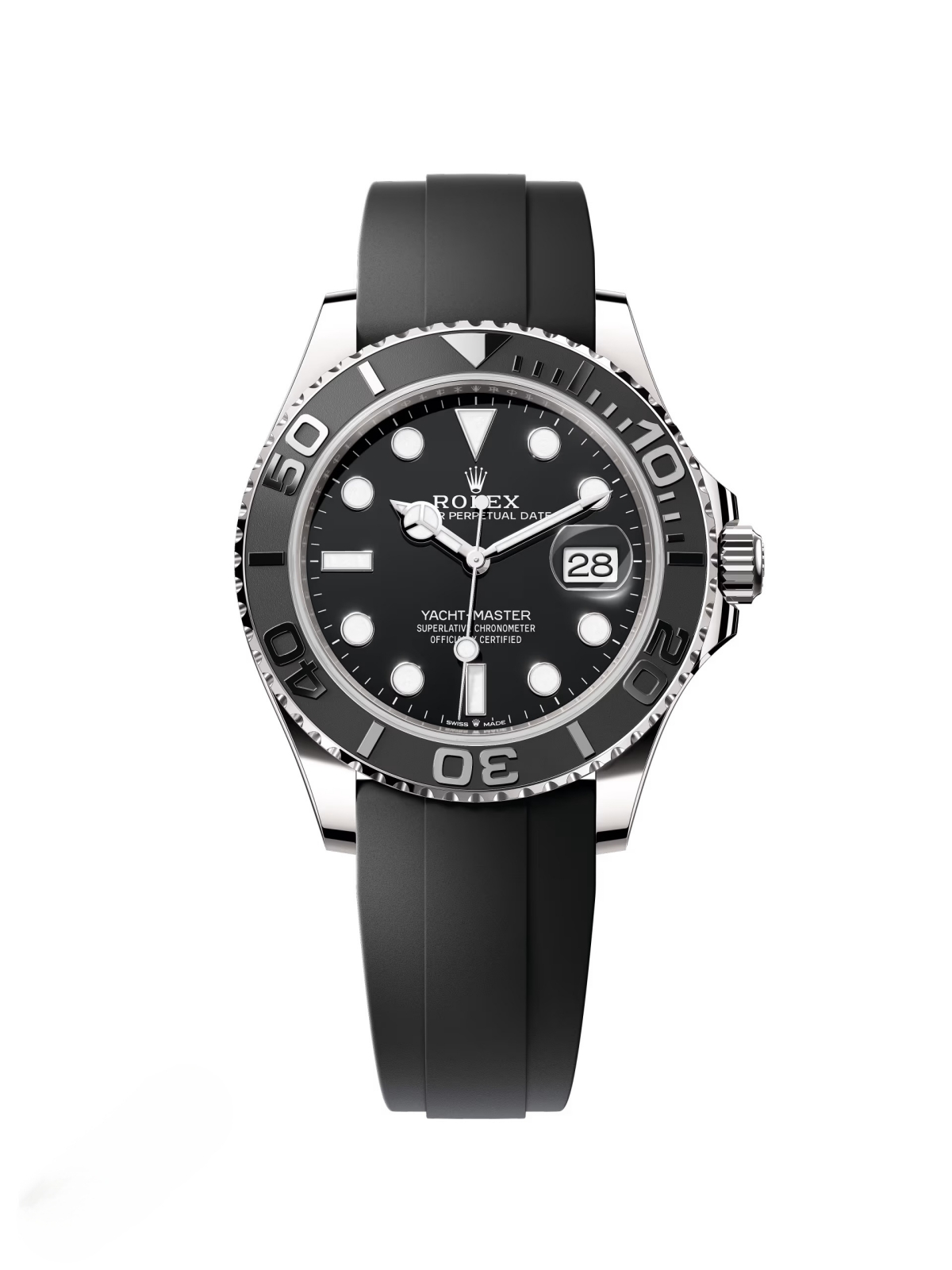 [Super Clone]RLX White Gold Yacht-Master 42mm Watch - Black Dial - Rubber Strap (Ref # 226659)