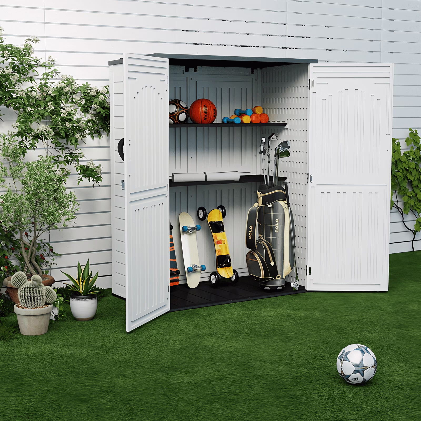 ZYJOYY 60 Cu.Ft Large Outdoor Shed with Floor, Lockable & Waterproof Patio Storage Cabinet for Garden Tools, Pool Supplies & Lawn Equipment, Grey