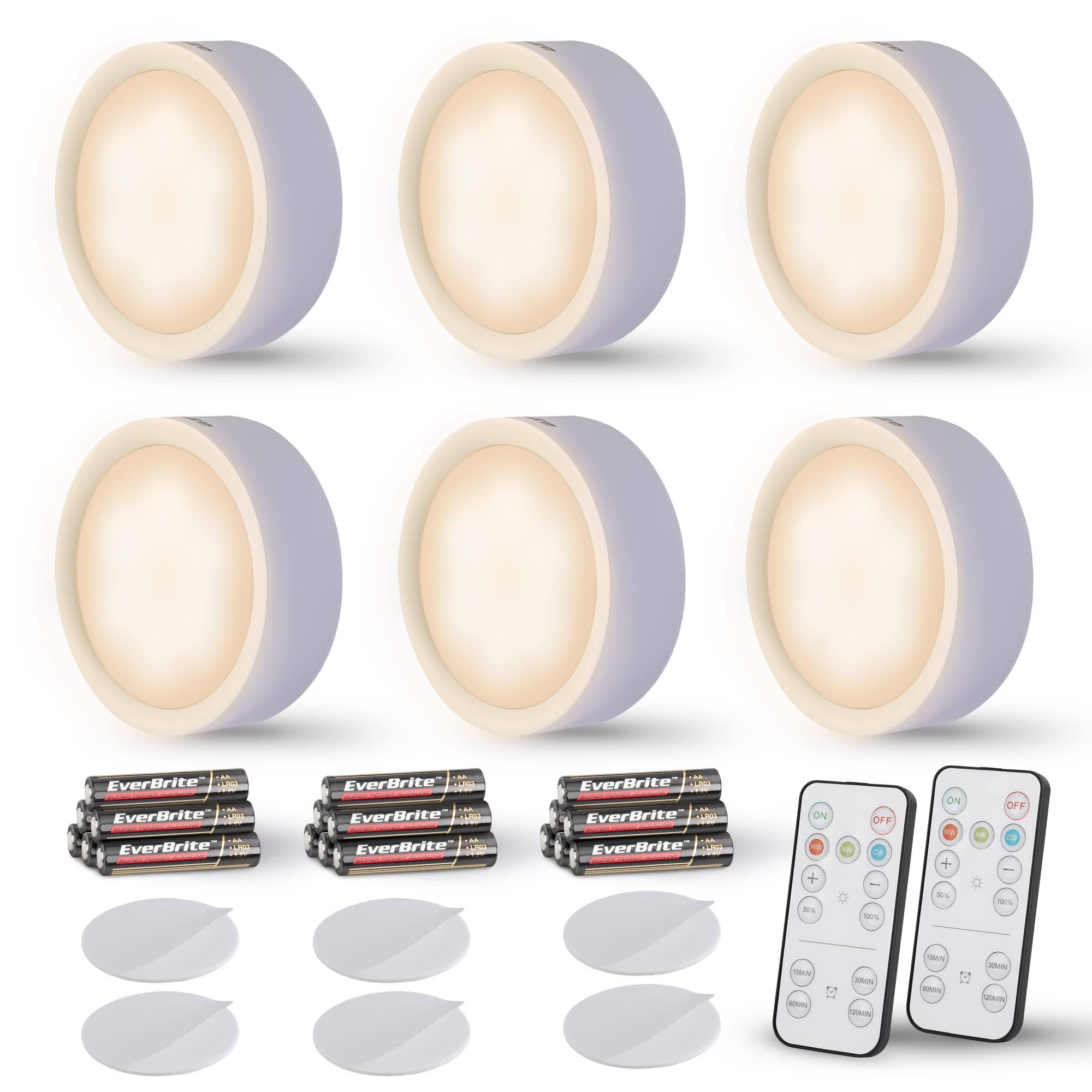 Everbrite Puck Lights, Battery Operated Lights, with Remote Control, Under Cabinet Lighting Wireless, Dimmable Closet Lights with Timer, Battery