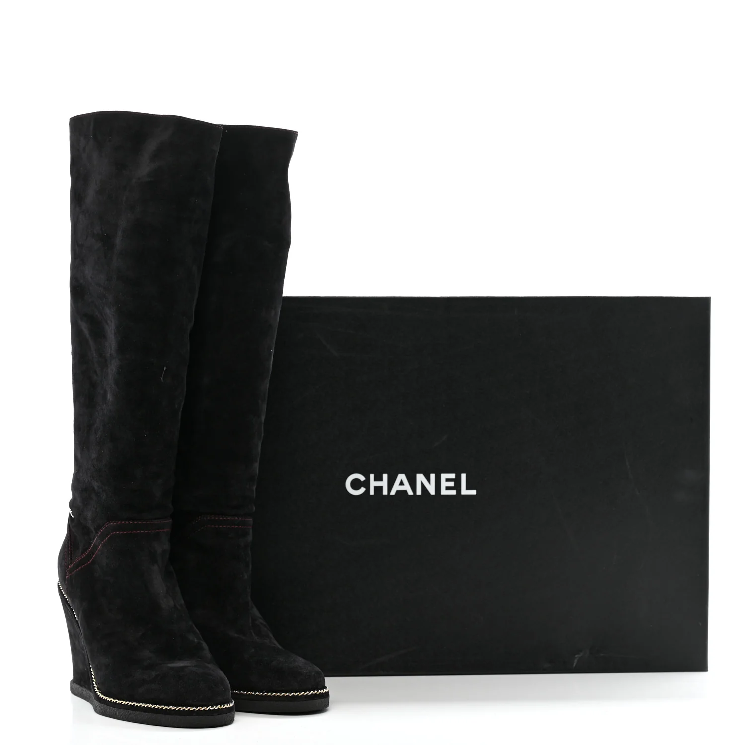 Suede Calfskin Chain Around High Boots 41 Black