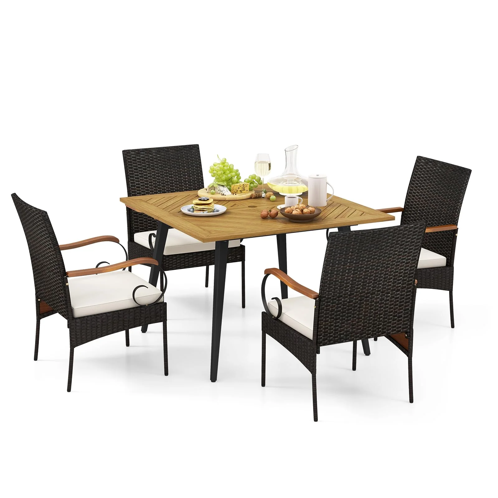 Tangkula 5 Pieces Patio PE Wicker Dining Set, 42.5” Square Acacia Wood Dining Table and Chairs with Cushions