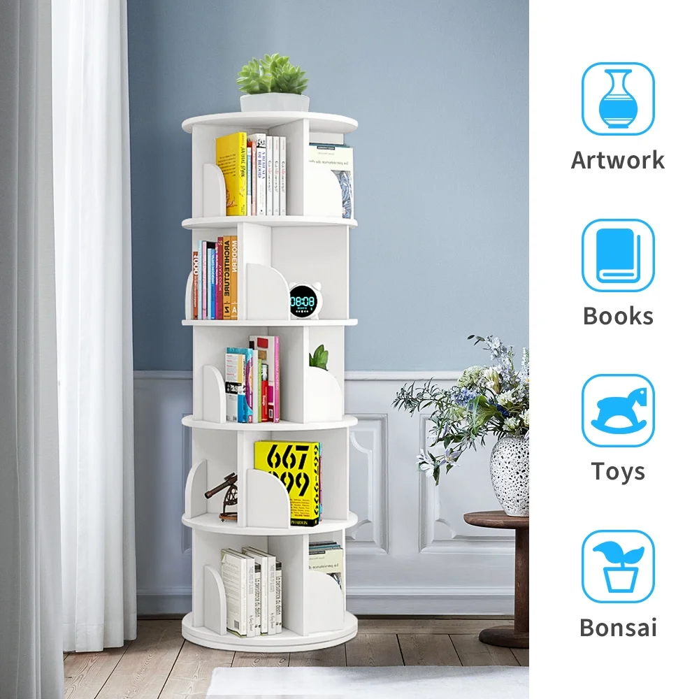 5 Tier Rotating Bookshelf, 360?�� Revolving Bookcase 20 Shelves Floor-Standing Storage Display Rack White 63"x18"x18", Adult(White) - Image 6