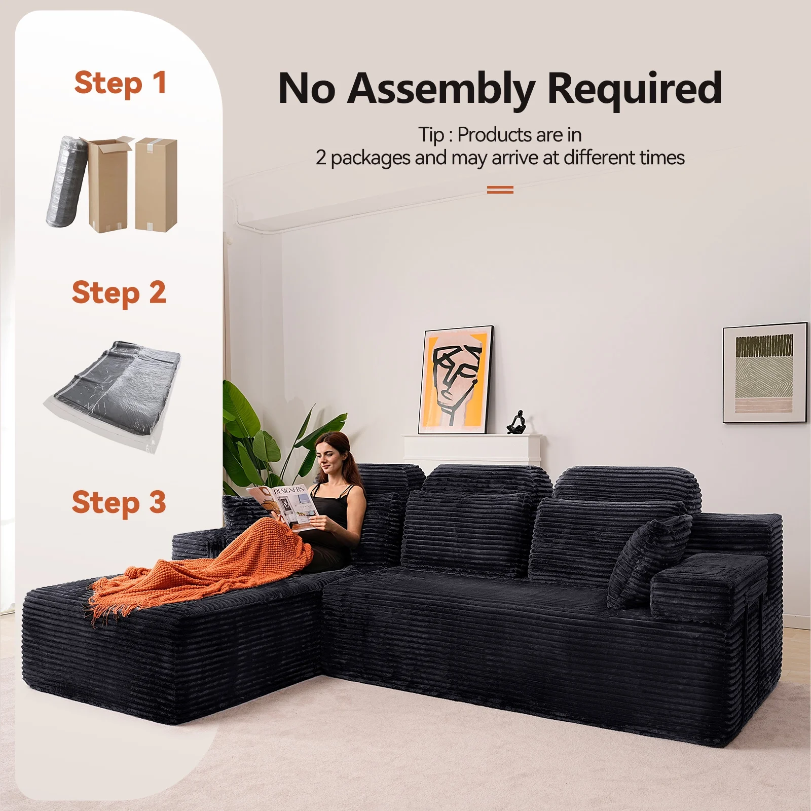 106" High Backrest Sectional Sofa&Couch, L - Shape Sectional Sofa Convertible Left or Right Chaise, Cloud Corduroy, Boneless Couches Comfortable for Living Room3 - Seat