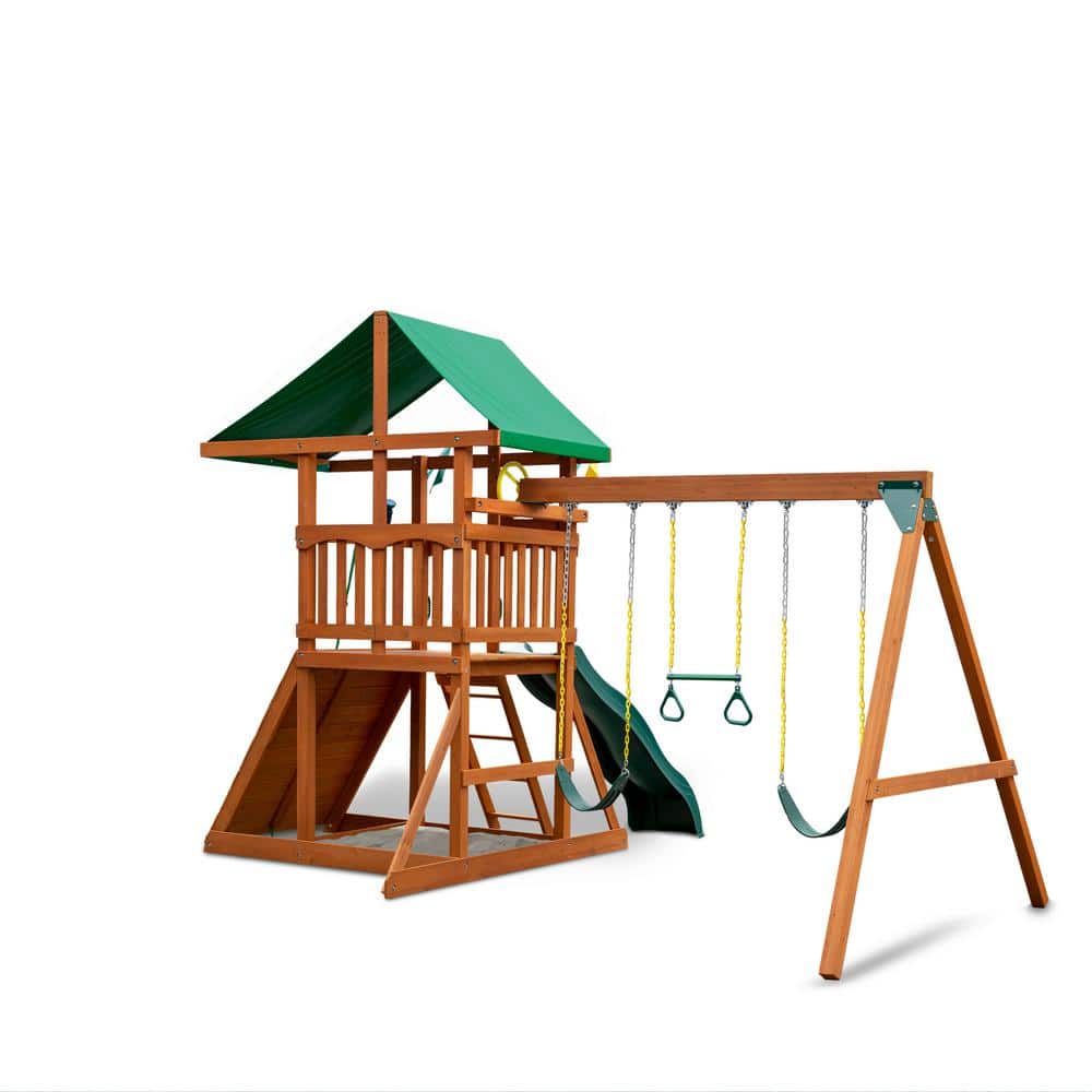 Ensemble de jeux d'extérieur en bois DYI Outing III avec toit en bâche, mur d'escalade, toboggan ondulé, balançoires et accessoires pour balançoire de jardin