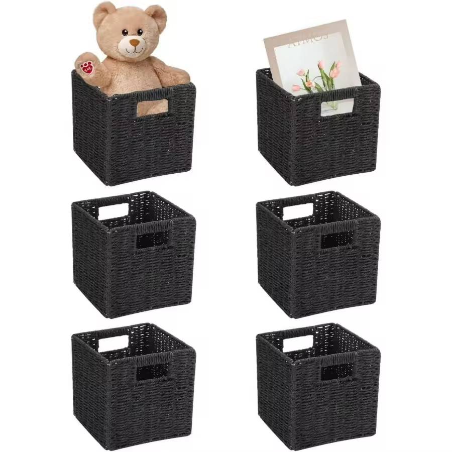 6 Pack 8.7 Inch Wicker Baskets, Hand Woven Paper Rope Storage Baskets, Foldable Cube Storage Bins Organizer Square Wicker Cubes For Shelves