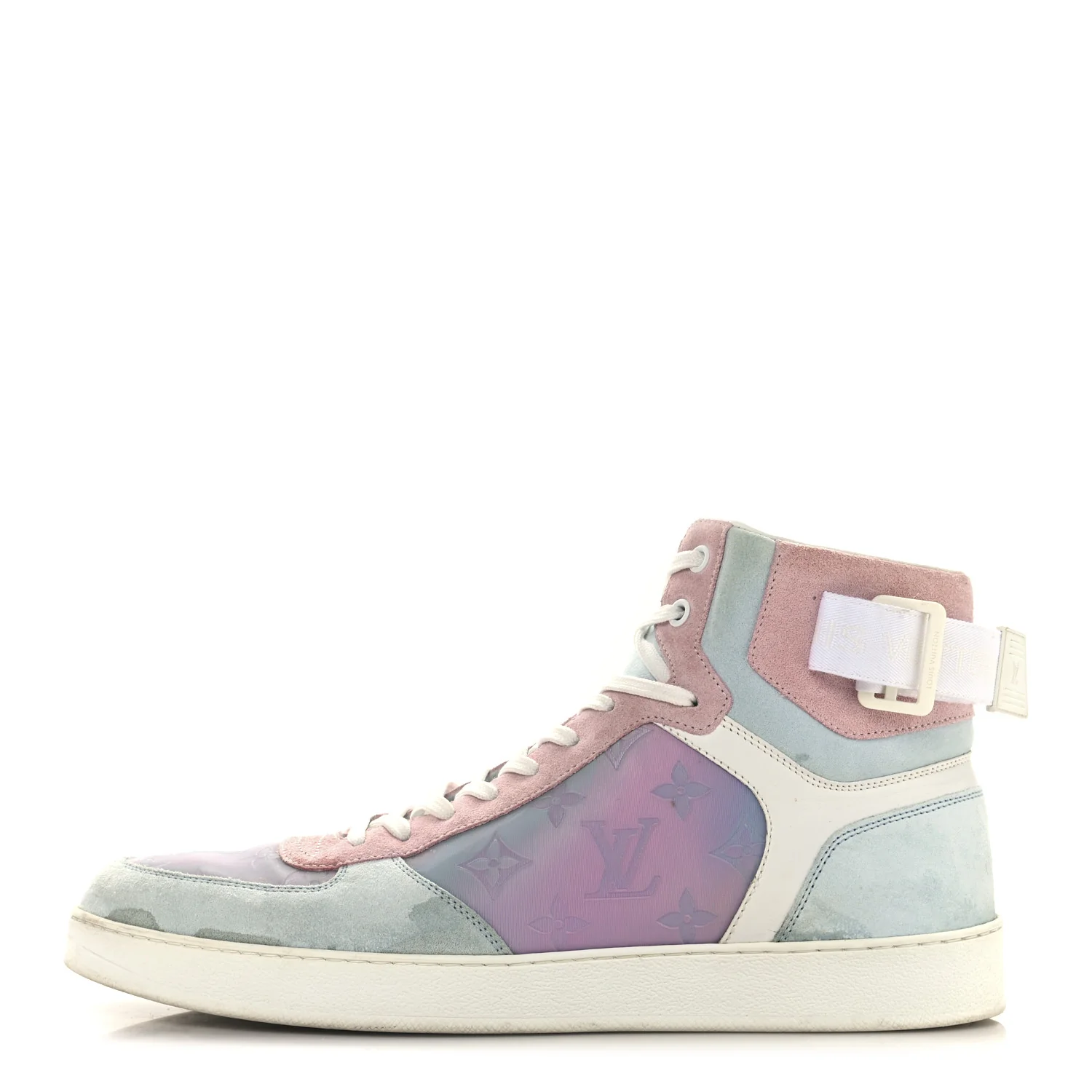 Calfskin Suede Monogram Mens Rivoli High Top Sneakers 10 White Multicolor