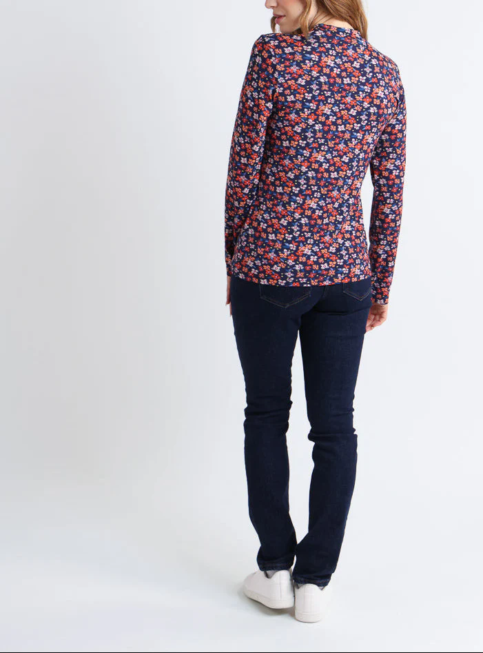 T-shirt femme coton à fleurs bleu marine
