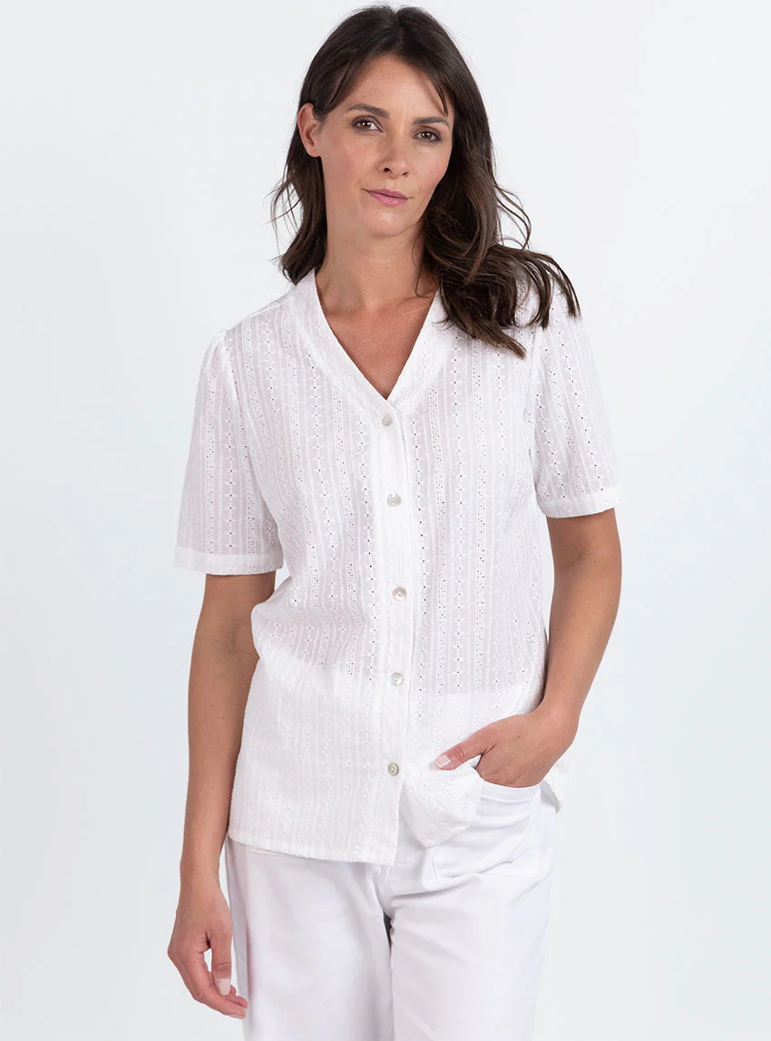 Chemisier femme brodé en coton blanc naturel