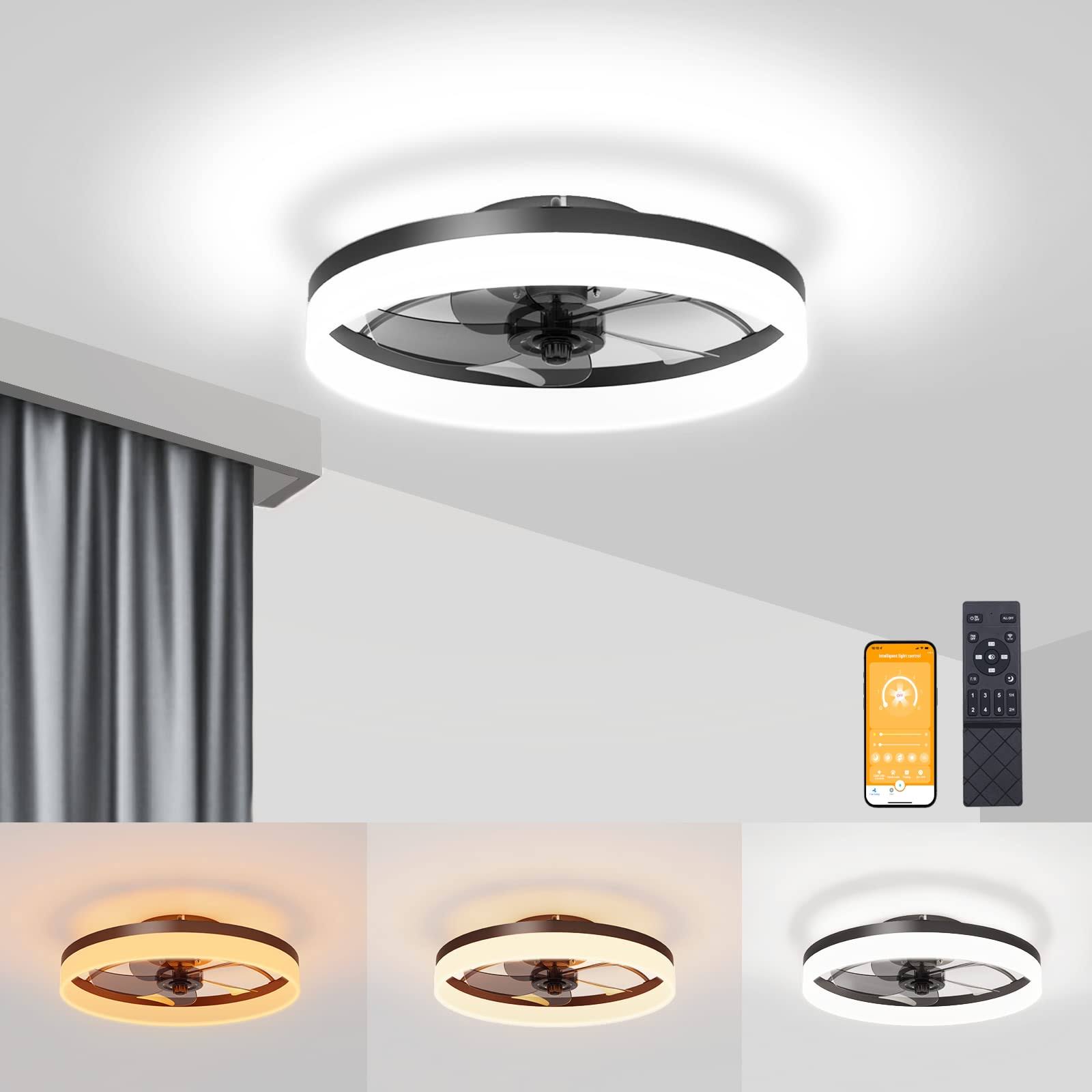 VOLISUN Low Profile Ceiling Fans with Lights and Remote, Fandelier Ceiling Fan Flush Mount 19.7inch, 3000K-6500K Smart Bladeless LED Fan Light, Black
