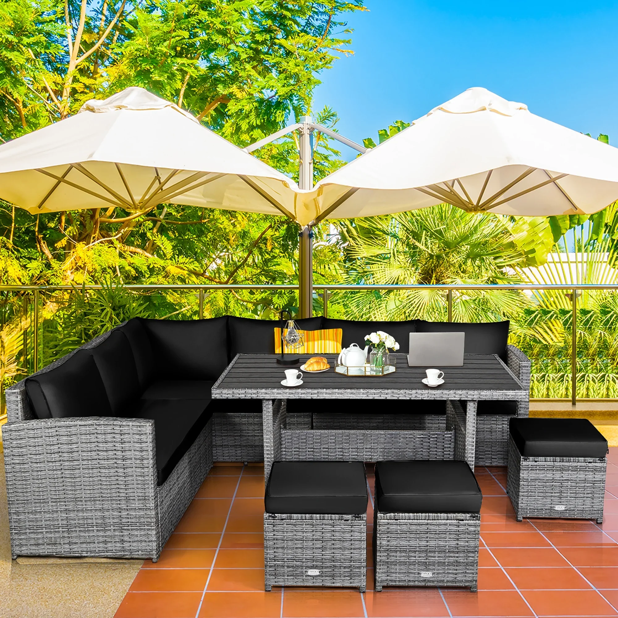 Costway 7 PCS Patio Rattan Dining Set Sectional Sofa Couch Ottoman Garden Red