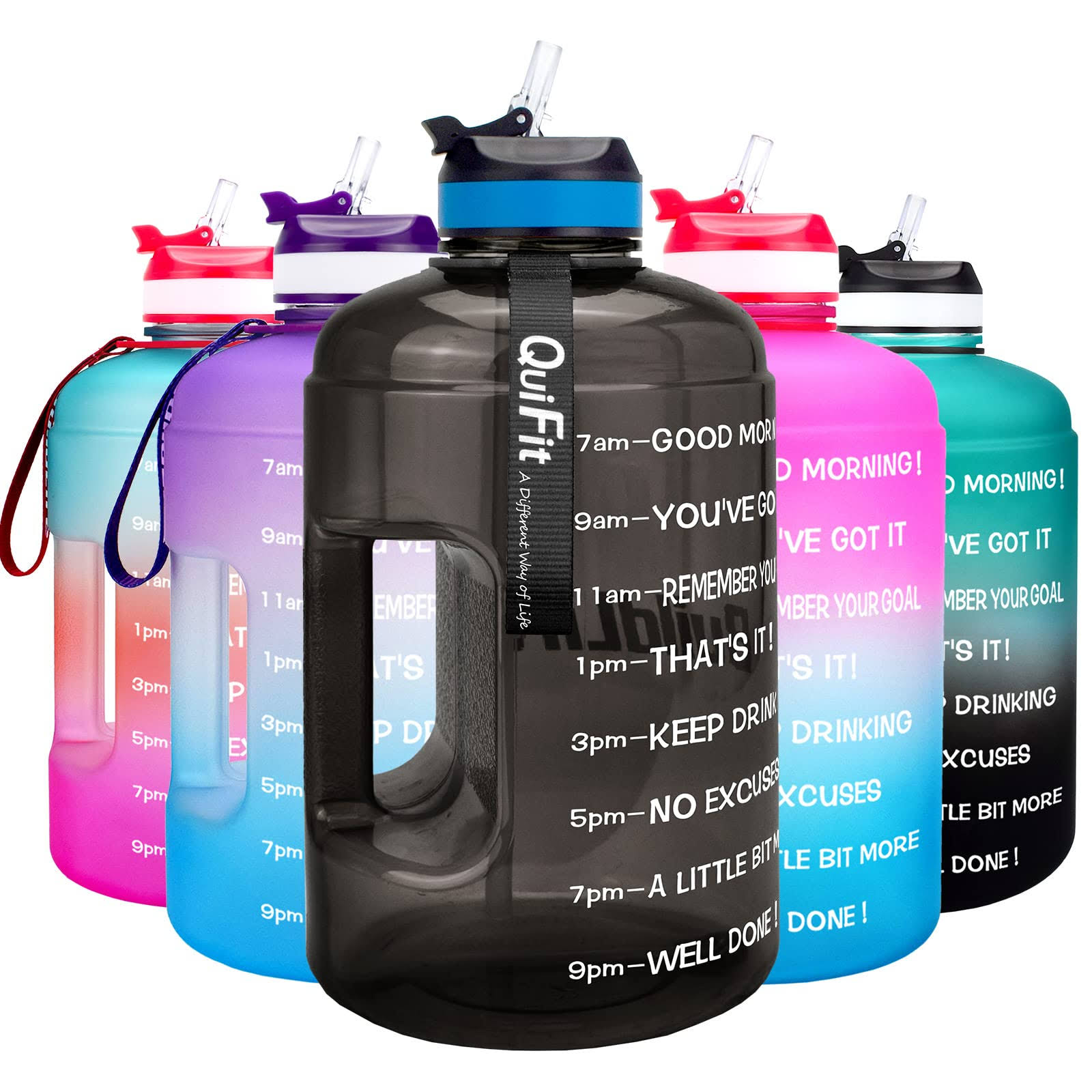 QuiFit Motivational Gallon Water Bottle - with Straw & Time Marker BPA Free Large Reusable Sport Water Jug with Handle for Fitness Outdoor