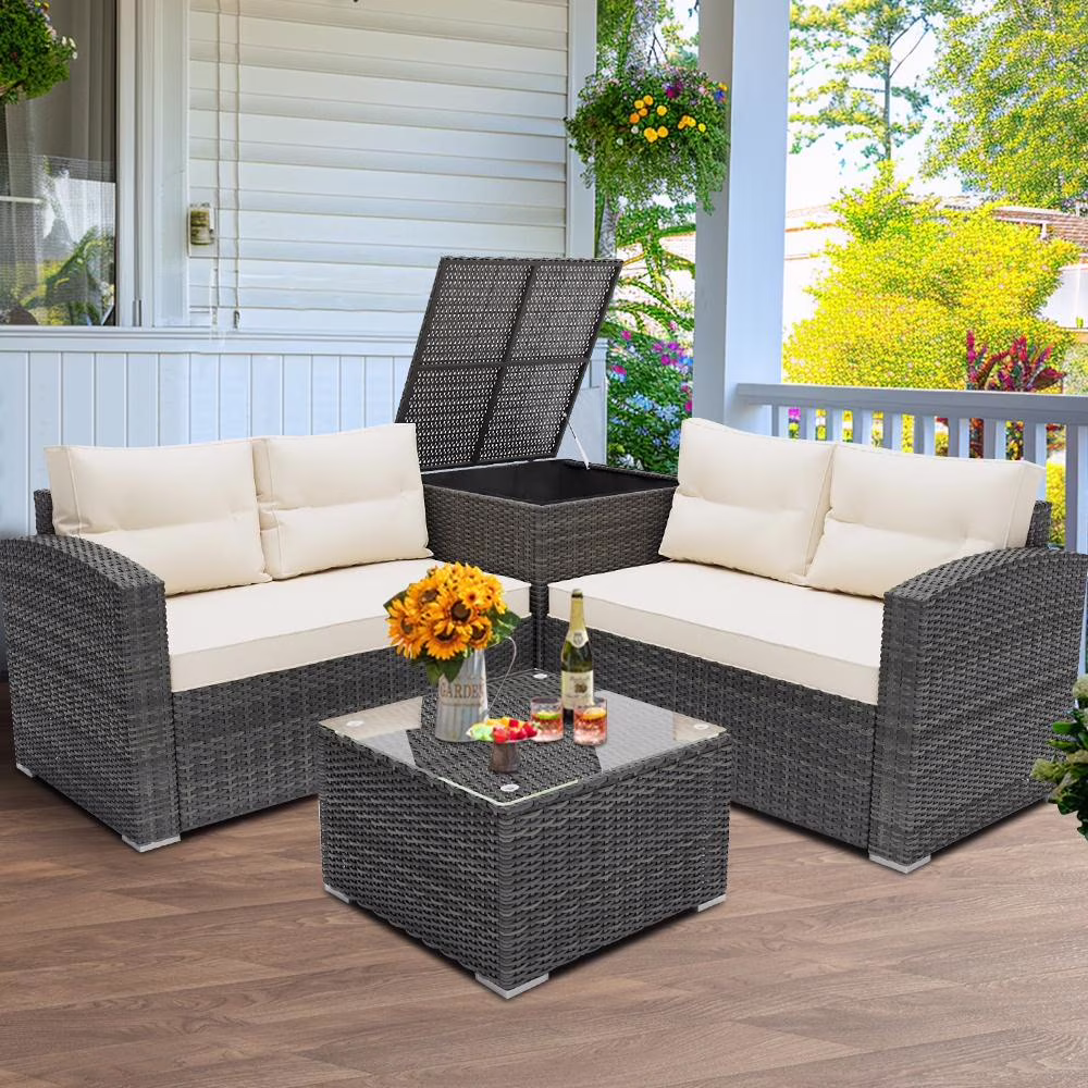 Rattan Patio Sofa Set, 4 Pieces Outdoor Sectional Furniture Set, All-Weather PE Rattan Wicker Patio Conversation Set, Cushioned Sofa Set with Glass Table for Patio Garden Poolside Deck(Brown) - Image 7