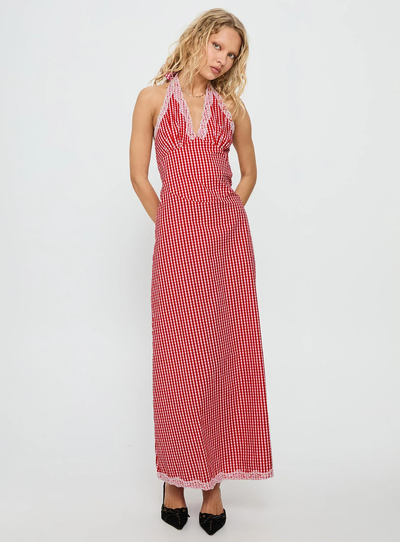 Betsie Halter Lace Maxi Dress Red Gingham