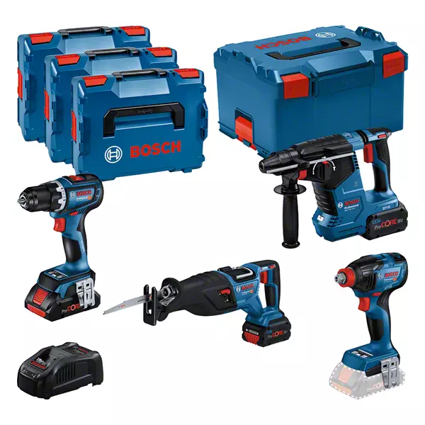 Kit combiné Bosch 4 outils 18 V : GSR 18V-90C + GDX 18V-210C + GBH 18V-24C + GSA 18V-28 + 1 batterie 4,0 Ah (Procore) + 2 batteries 5,5 Ah (Procore) + GAL 1880CV (L)Professionnel