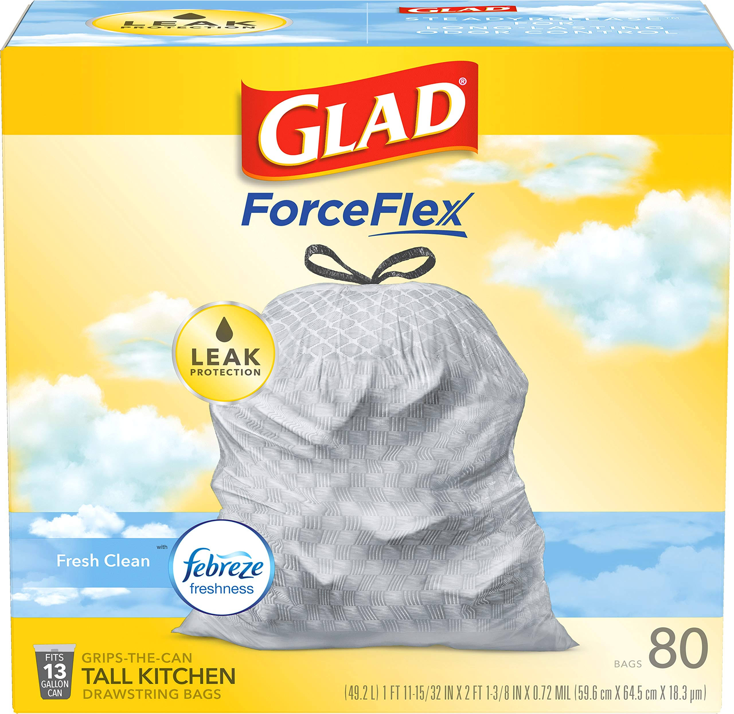 Glad OdorShield Tall Kitchen Drawstring Bags Fresh Clean 13 Gal White 80/Box