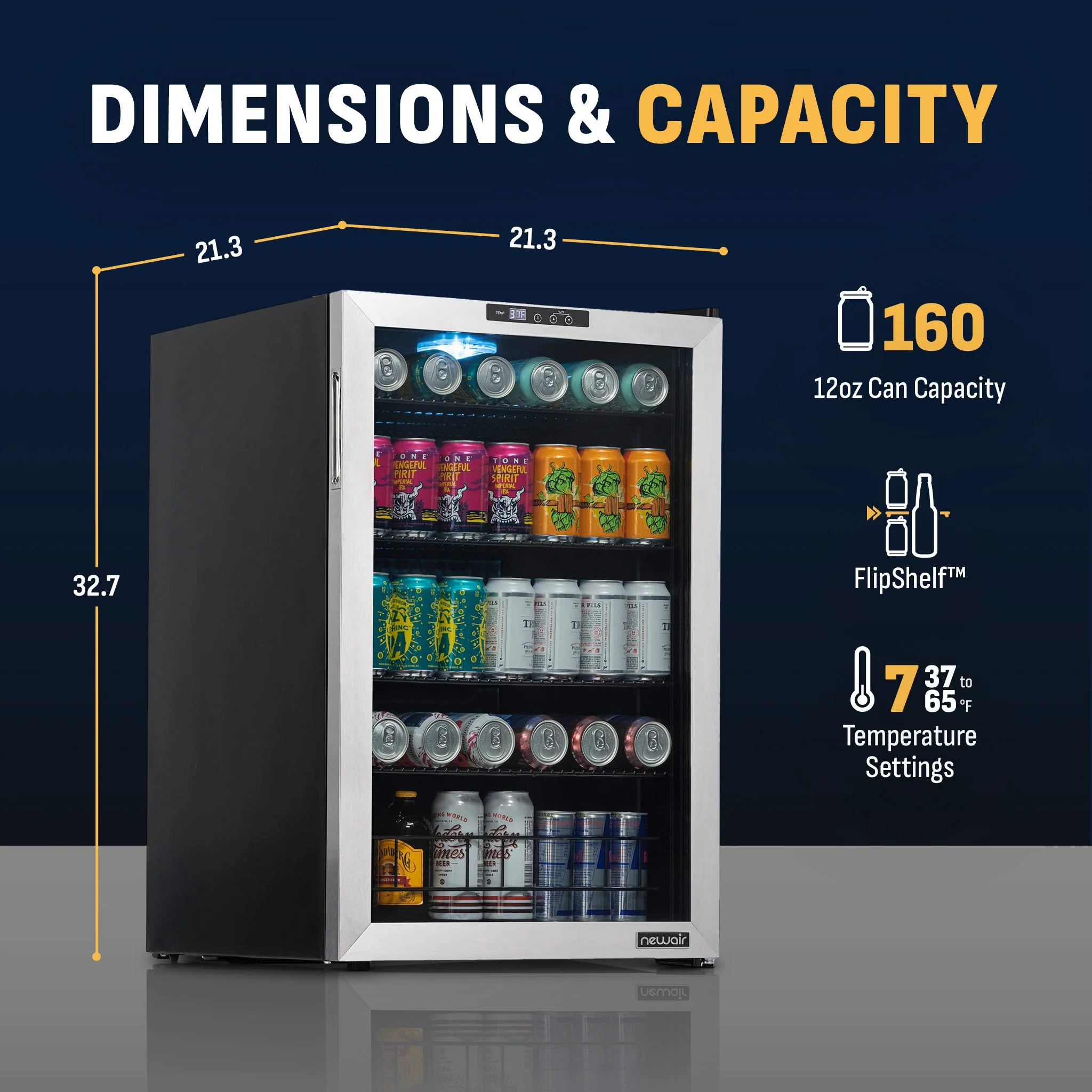Newair 160-Can Freestanding Stainless Steel Beverage Fridge - 21.3