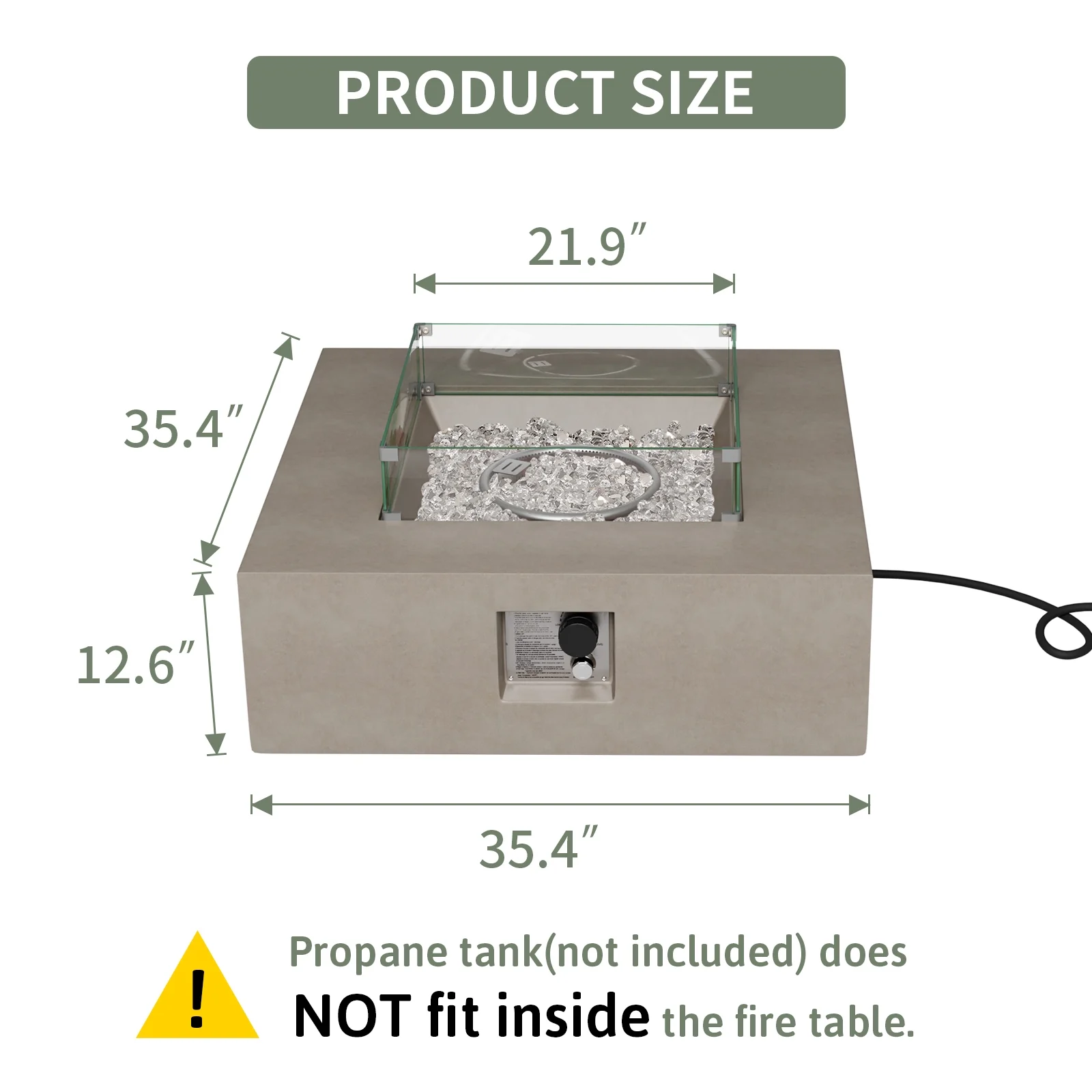 35" Square Concrete Fire Pit Table with Fire Glass Wind Guard(Brown/Blue Fire Glass) - Image 3
