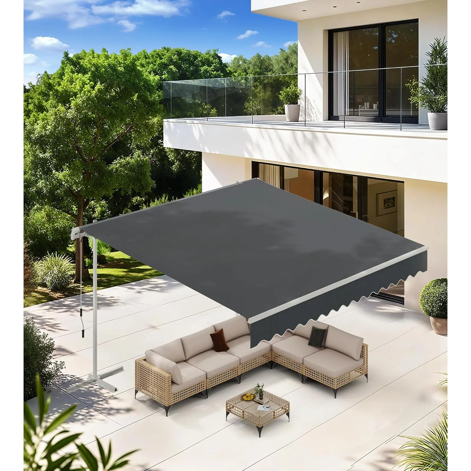 AECOJOY Free Standing Retractable Awning, 13'x10' Patio Awnings Outdoor Manual Sun Shade Shelter, Dark Grey