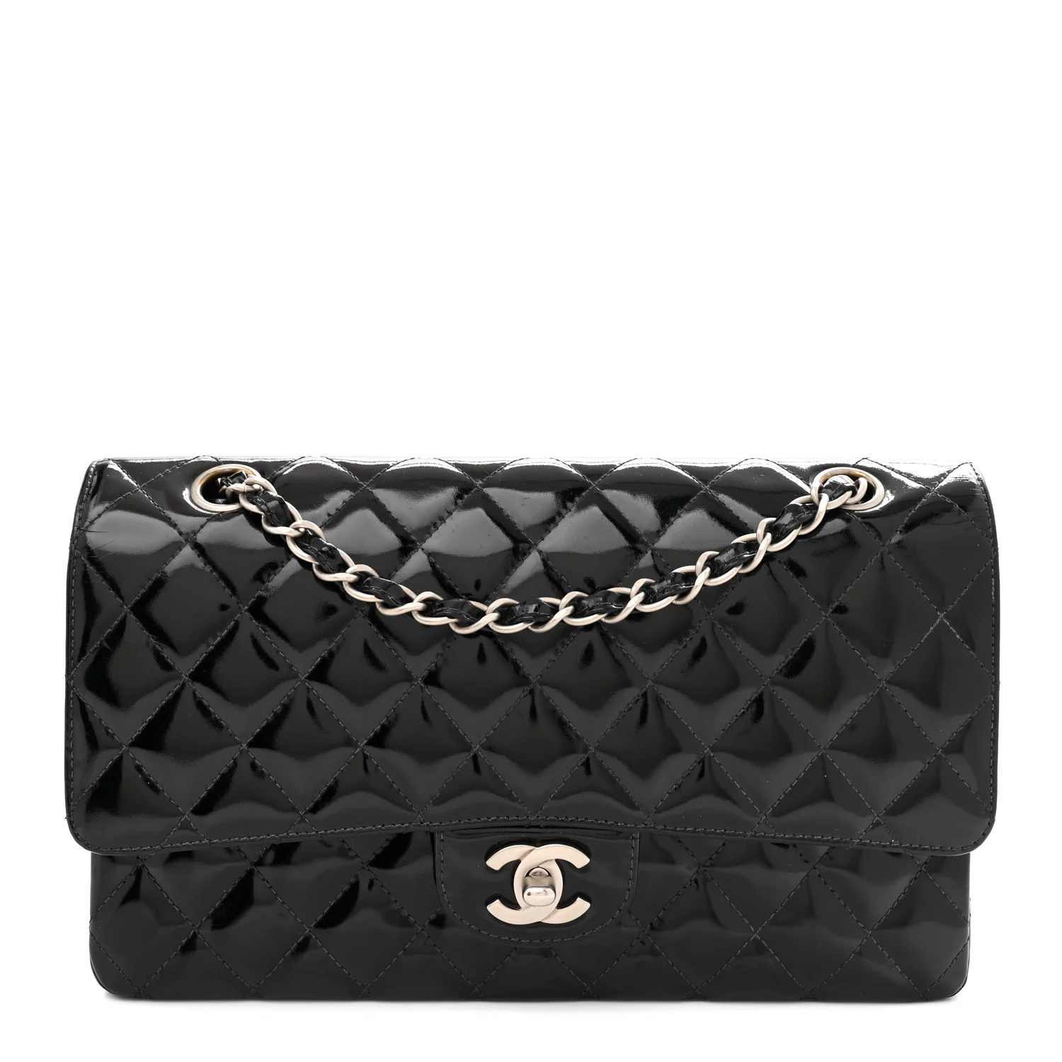 Patent Quilted Medium Double Flap Black