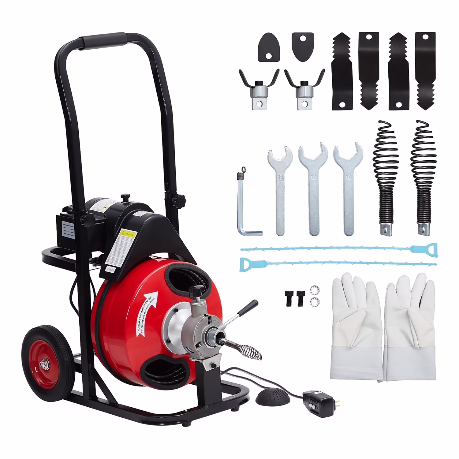 M optimized 100 FT x 1/2 inch Drain Cleaner Machine with 250W 370W Motor, Portable Sewer Snake Auger with 8 Cutters Air-activated Foot Switch, Fits 1" to 4" Pipes, Black Red(250W)