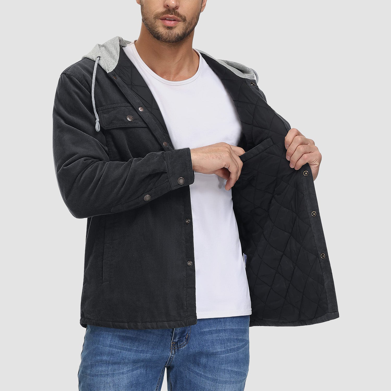 Veste en velours côtelé pour homme, à capuche, doublée matelassée, chemise décontractée à boutons, manteau d'hiver chaud avec 5 poches