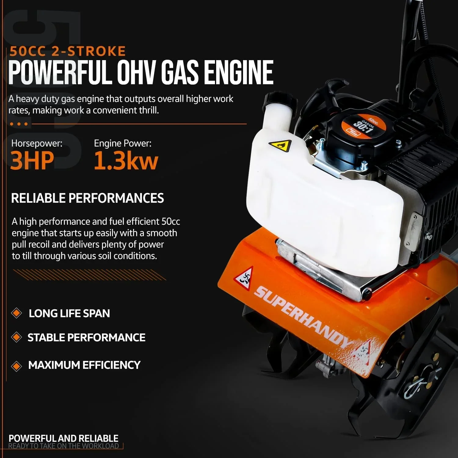 SuperHandy Mini Garden Tiller - 3HP Gas Engine, Adjustable Tines, 11 Tilling Width