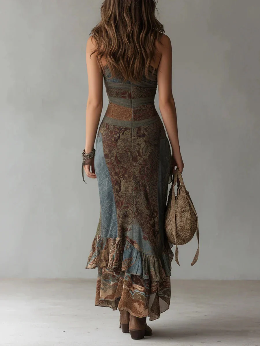Marie | Robe longue asymétrique à imprimé ethnique avec fente latérale