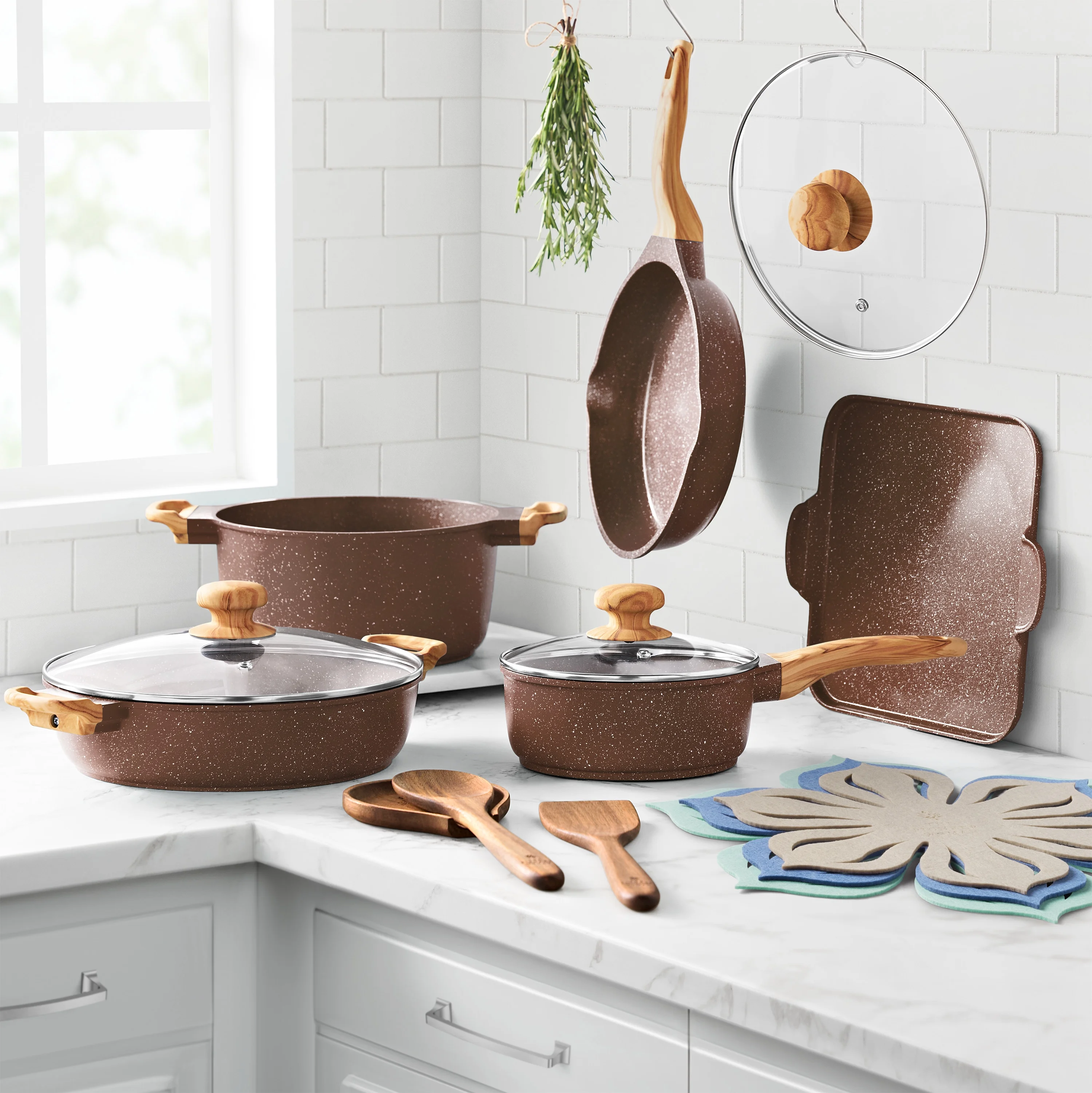Prairie Signature 14-Piece Cast Aluminum Cookware Set, Brown Speckle(Brown Speckle) - Image 2