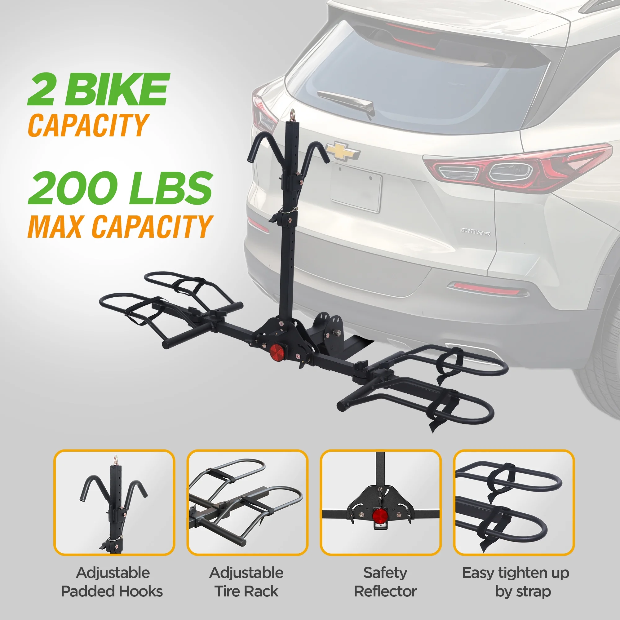 Electric Ebike Rack, 200lb Capacity, Alloy Steel Hitch Mount, Fits 5-Inch Fat Tire Bikes, 2-Inch Receiver(2 Bike Rack/200lbs, Fits up to 58'' Wheelbase) - Image 4