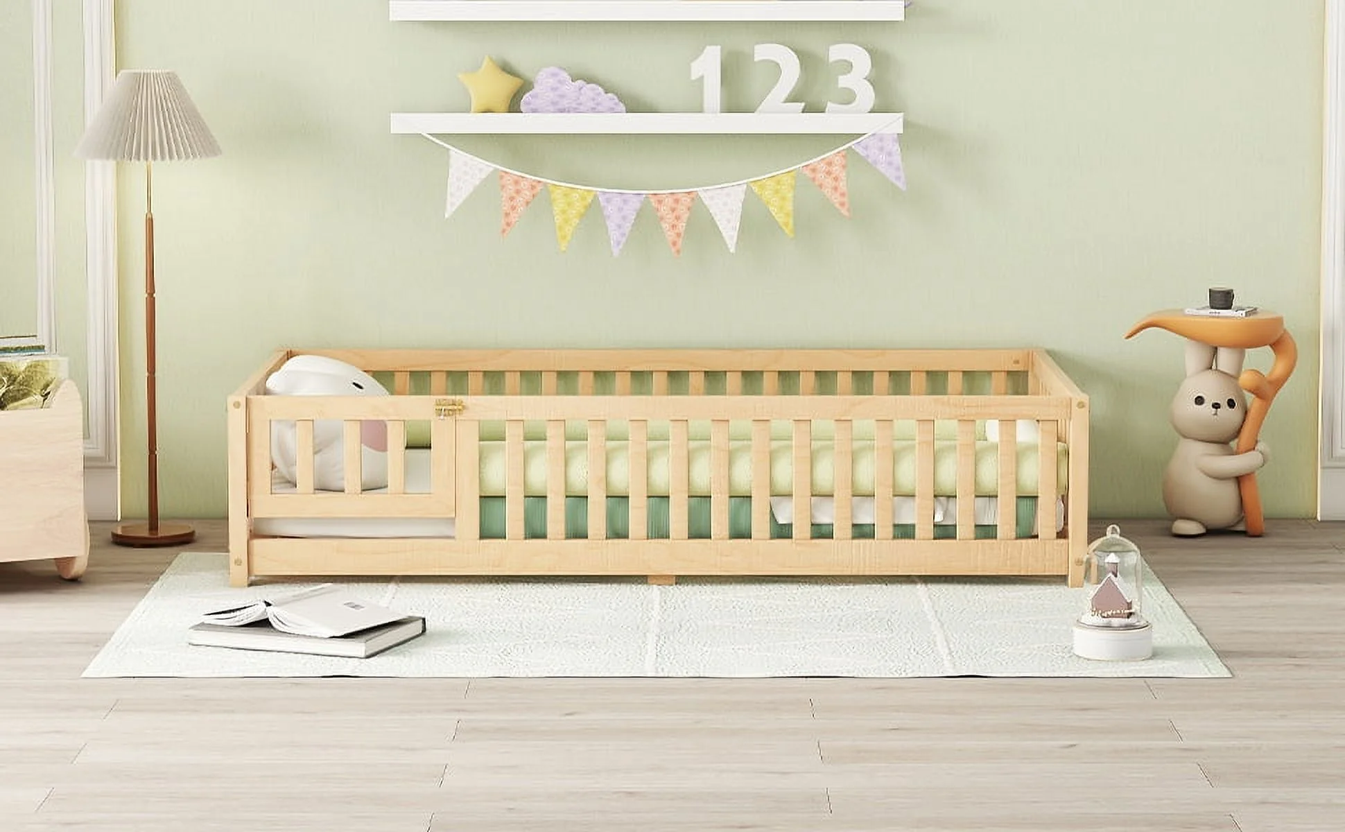 Yoneston Twin Size Bed Floor Bed with Safety Guardrails and Door for Kids & Toddlers, Natural