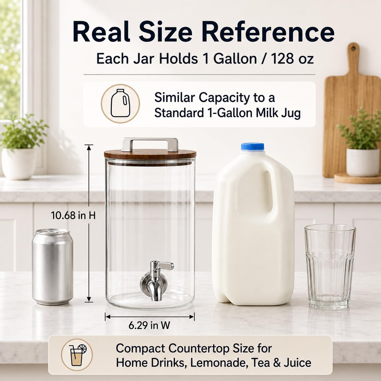 2 Pack 1 Gallon Drink Dispensers for Parties, Glass Drink Dispenser, Beverage Dispenser with Acacia Wood Lid & Stand, Lemonade Dispenser with Stainless Steel Spigot, Water Dispenser for Juice Tea