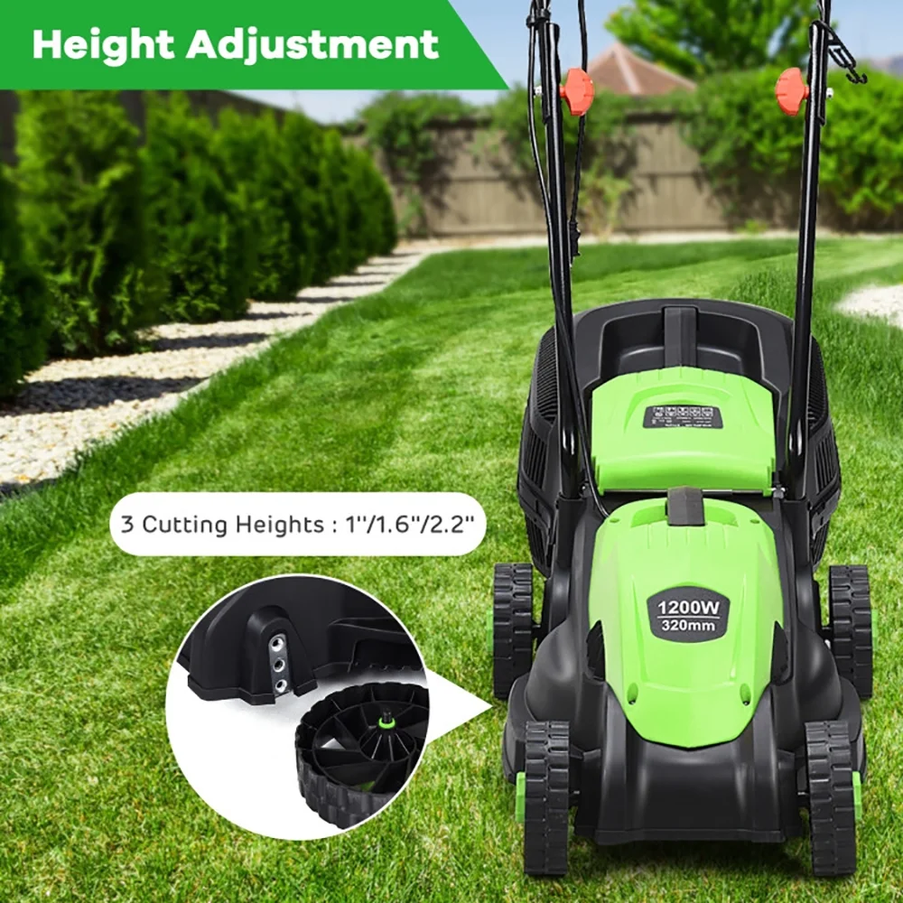 14 Inch Electric Push Lawn Mower with Grass Bag Corded Ergonomic Design Green(Green) - Image 9