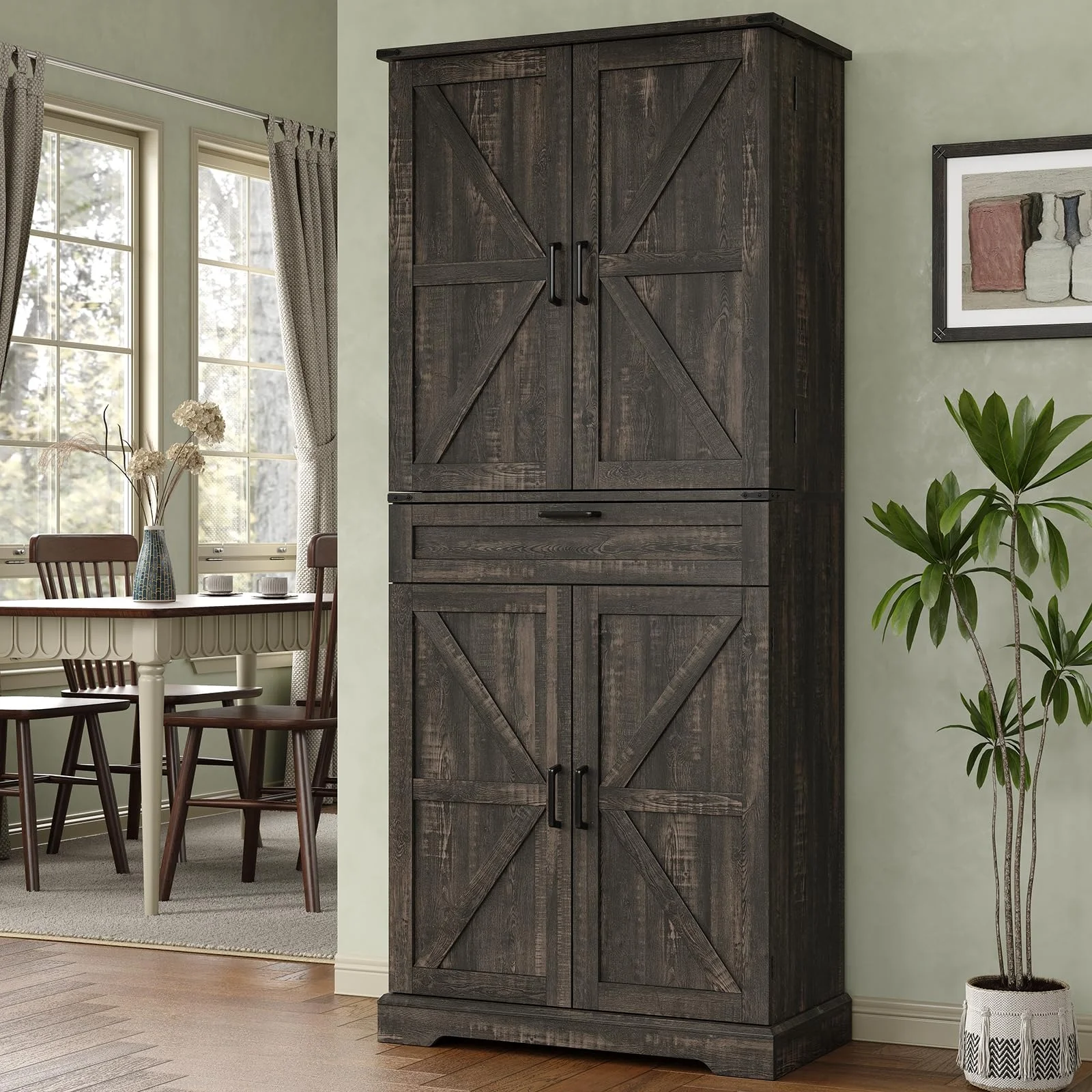 72'' Kitchen Storage Pantry Cabinet, Tall Storage Cabinet with 8 Door Shelves, 2 Cabinets and 1 Drawer, Freestanding Cupboard for Kitchen, Dining Room, Bathroom, Laundry(Dark Rustic Oak) - Image 2