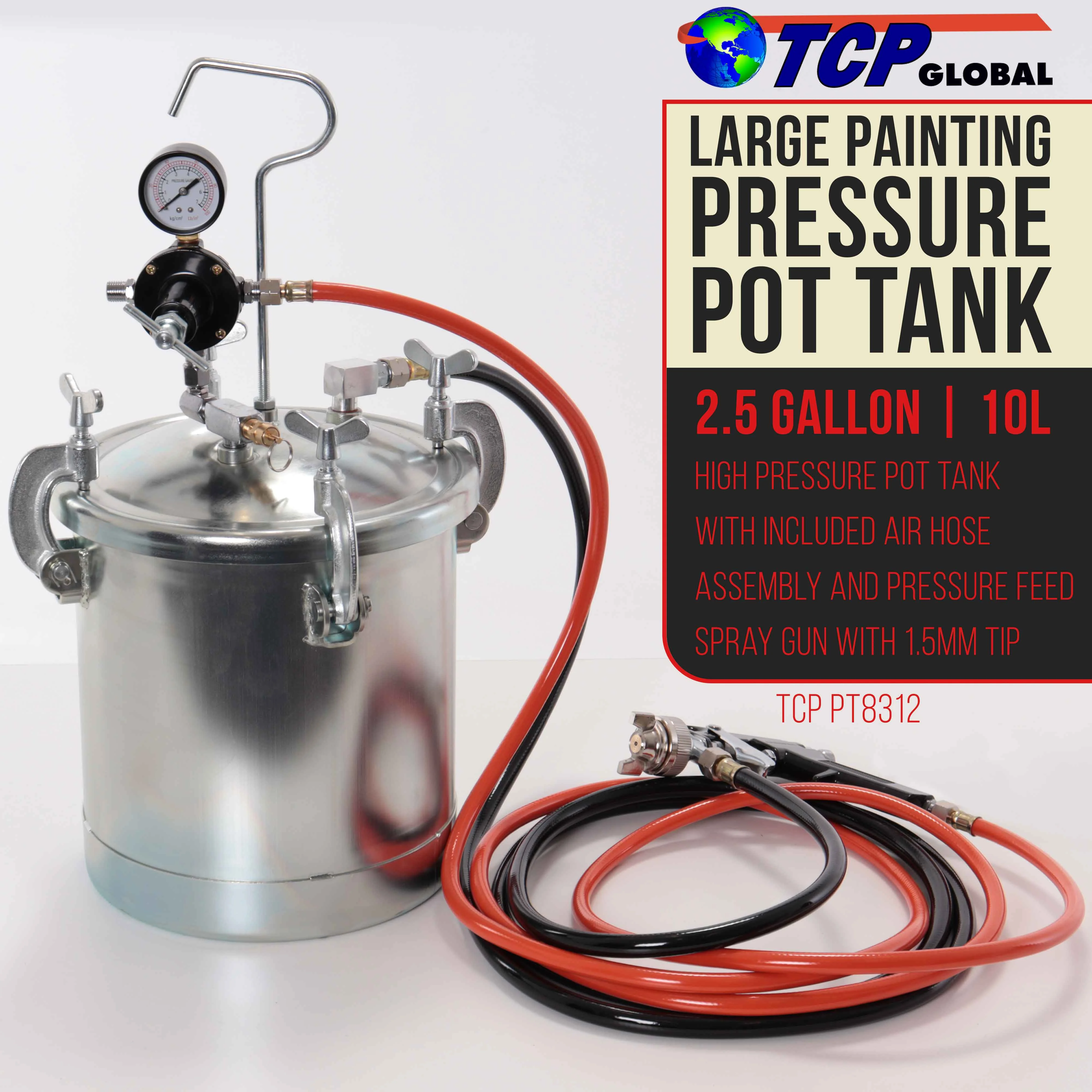 TCP Global Pressure Tank Paint Spray Gun with 1.5 Mm Nozzle 2 - 1/2 Gal. Pressure Pot & Spray Gun with Hoses